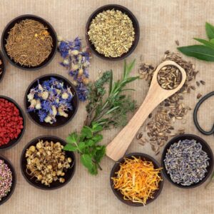 Various herbs and spices arranged in small bowls and a wooden spoon on a table.